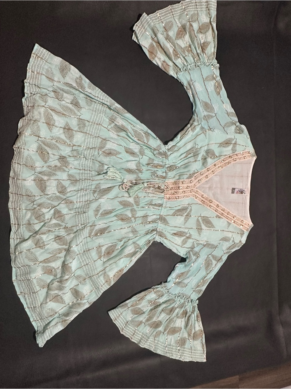 India Boutique Mint Blue Bell-Sleeve Tunic with Metallic Leaf Motif